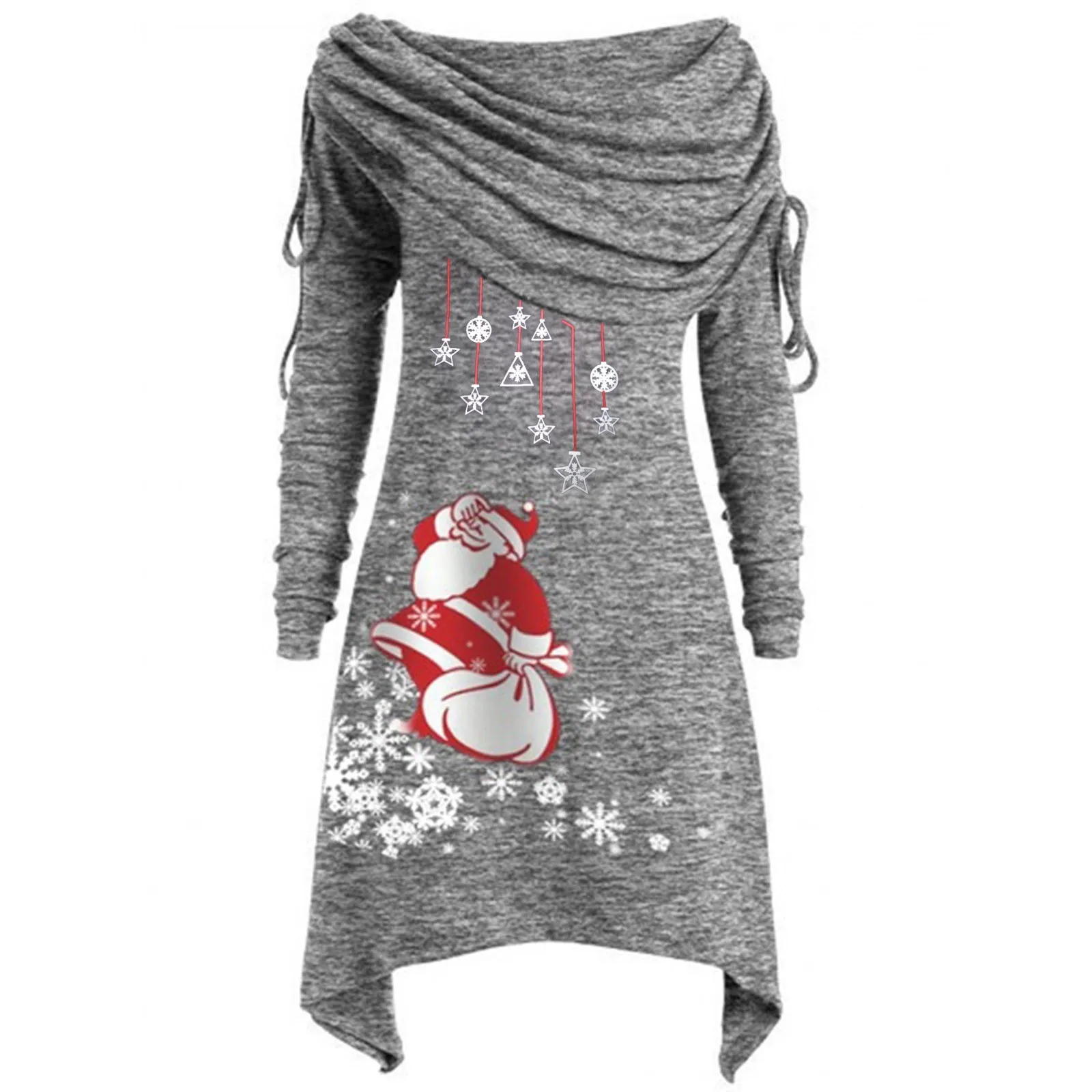 Vestido Irregular con estampado de copos de nieve de Papá Noel para mujer, vestidos informales con cuello con volantes para vacaciones, vestido ajustado de manga larga para otoño