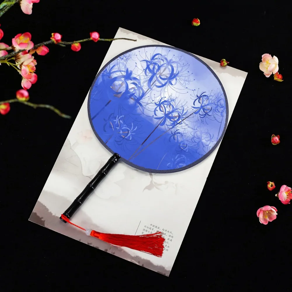 

Круглый китайский ручной веер диаметром 21 см, Cheongsam, костюм Тан, винтажный шелковый веер с принтом, мультистиль, древняя кисточка, танцевальный ручной веер