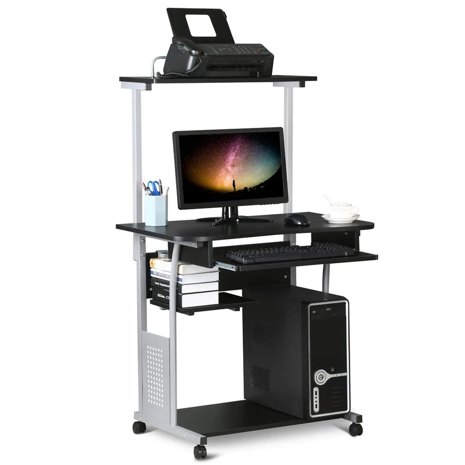Mobile 2 Tier Computer Desk, Rolling Study Workstation with Slide-out Keyboard Tray, Printer Shelf & Detachable Top Shelf, Black