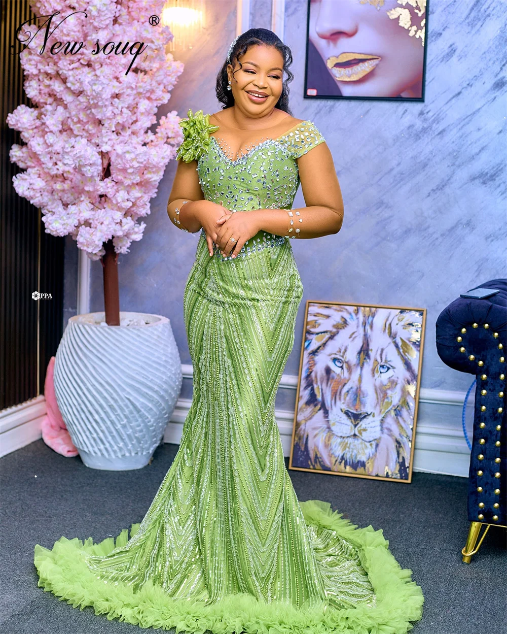 Robes Dubai Mermaid Prom Dresses Aso Ebi Green Sequins Women Evening Dresses Beaded Long Train Engagement Party Dress Customized