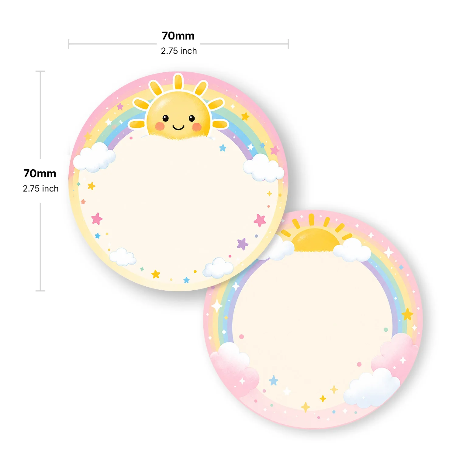 2PCS Cute Sun Rainbow Self Adhesive Sticky Notes 100 Sheets Cloud Star Round Memo Pads Colorful Office Stationery