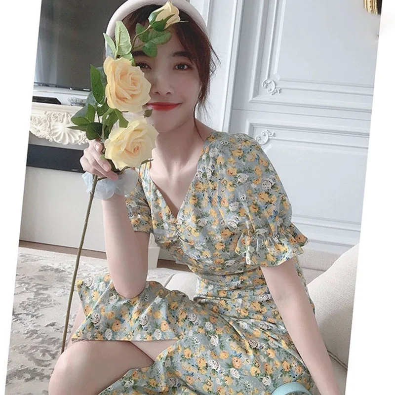 Francês retro quadrado pescoço chá resto saia chiffon floral doce vestido 2025 primavera