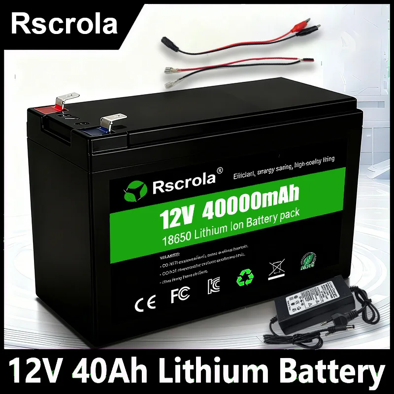 12V Rechargeable Lithium Battery Pack 40Ah, 18650 Battery Pack DC Power for Sprayer, Portable Speaker, Outdoor Camping, Toy Cars