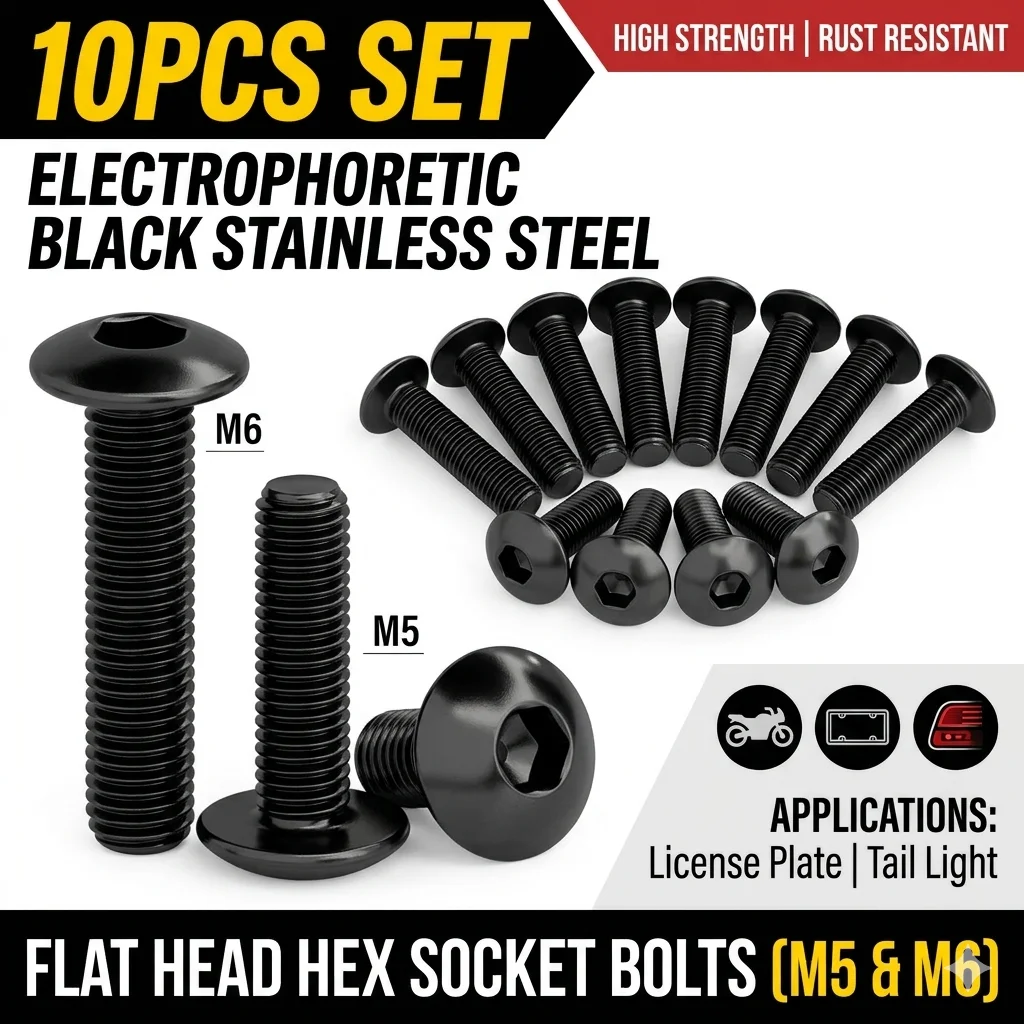 10pcs M5 M6 Black 304 Stainless Steel Bolts Truss Wide Button Head Hex Socket Fairing Screws for Motorcycle Car Tuning