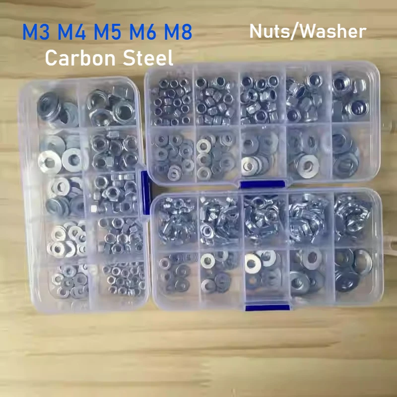 

Набор оцинкованных гайок с нейлоновой вставкой (шестигранные/бочкообразные) и плоских шайб M3-M8 из углеродистой стали в коробке