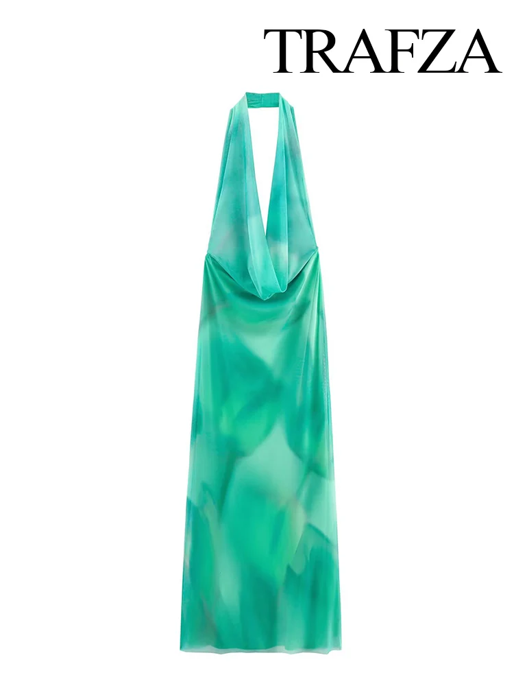 HH Women Summer Fashion Sexy Halter Neck Printed Tulle Midi Long Dress Female Chic Elegant Backless Slim Ankle Length Dress