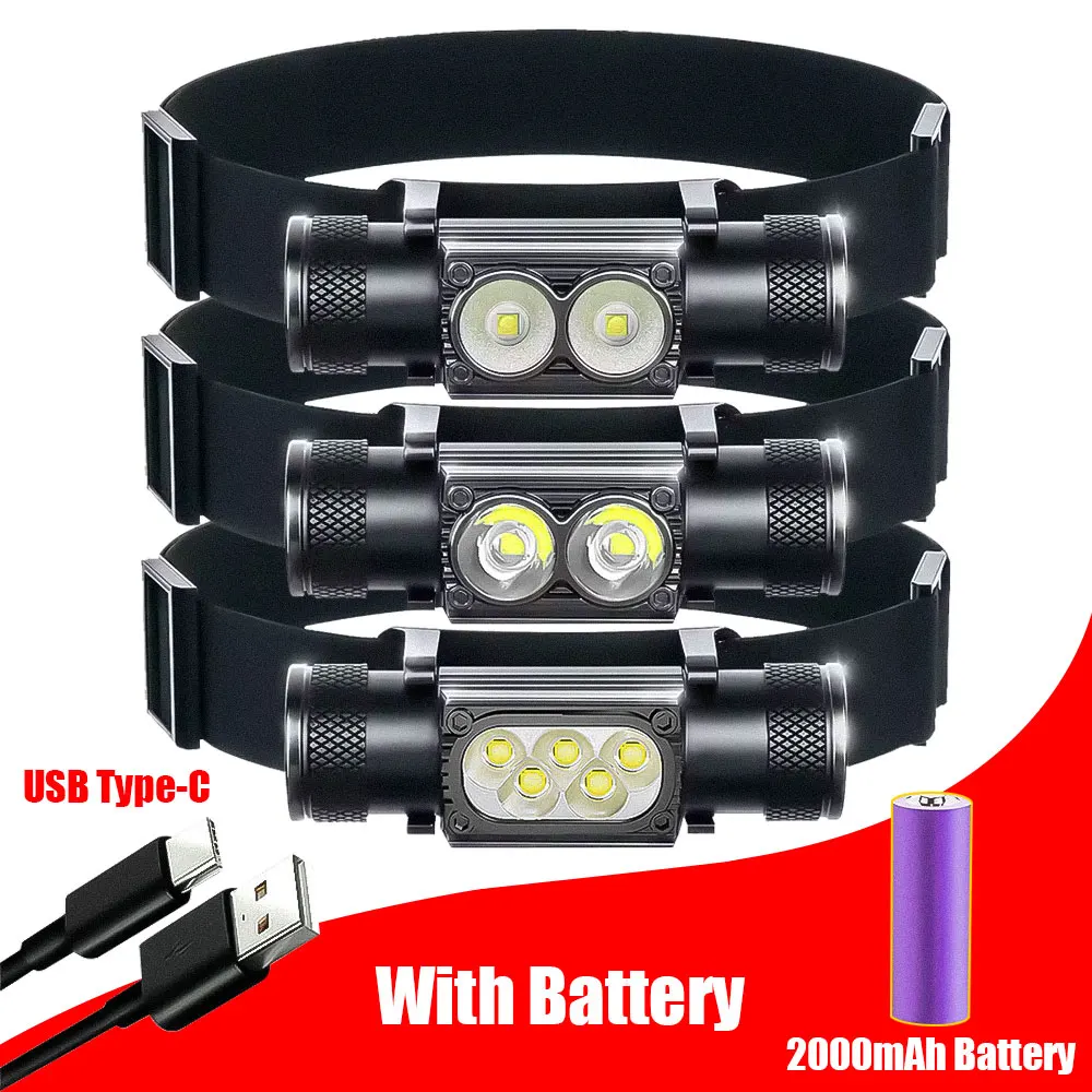 With Battery USB Type-C LED Headlamp Fishing 18650 Headlight Torch Hunting Head Lamp Camping Headlamp Flashlight Head Light