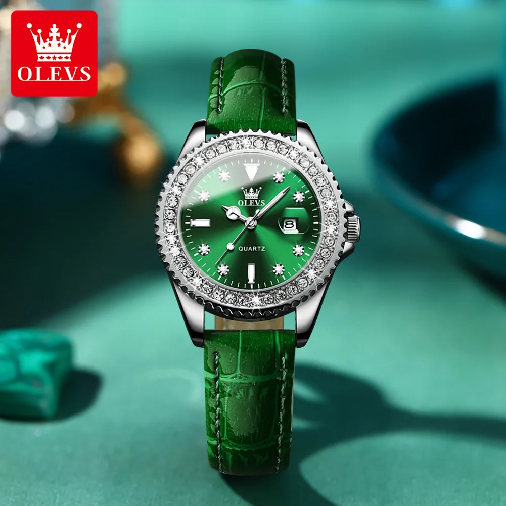 OLEVS New Luxury Diamond Quarzt Watch Women Fashion Green Leather Waterproof Luminous Calendar Watches Female Relogio Feminino