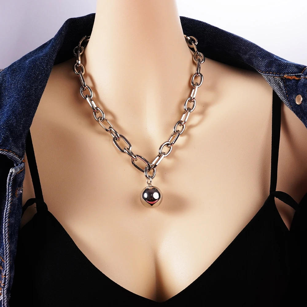 Chunky Full Sphere Ball Pendant Necklace for Women 2024 Fashion Stainless Steel Y2k Chain Accessories Coquette Romantic