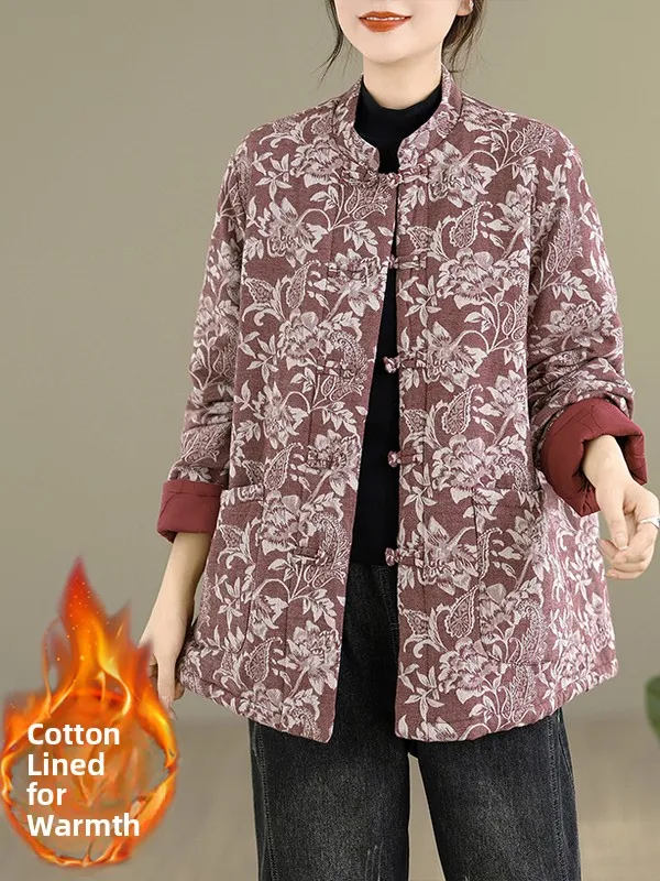 

Retro Chinese Sle Embroidered Cotton Jaet Women's Winter New Loose Stand Collar Button Thiened Cotton Coat Outerwear