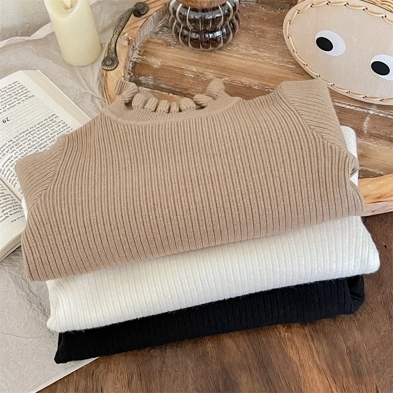 

Autumn Winter Baby Girls Knitwears Ribbed Solid Turtleneck Cotton Knitted Kids Girls Pullovers Children Girls Sweaters