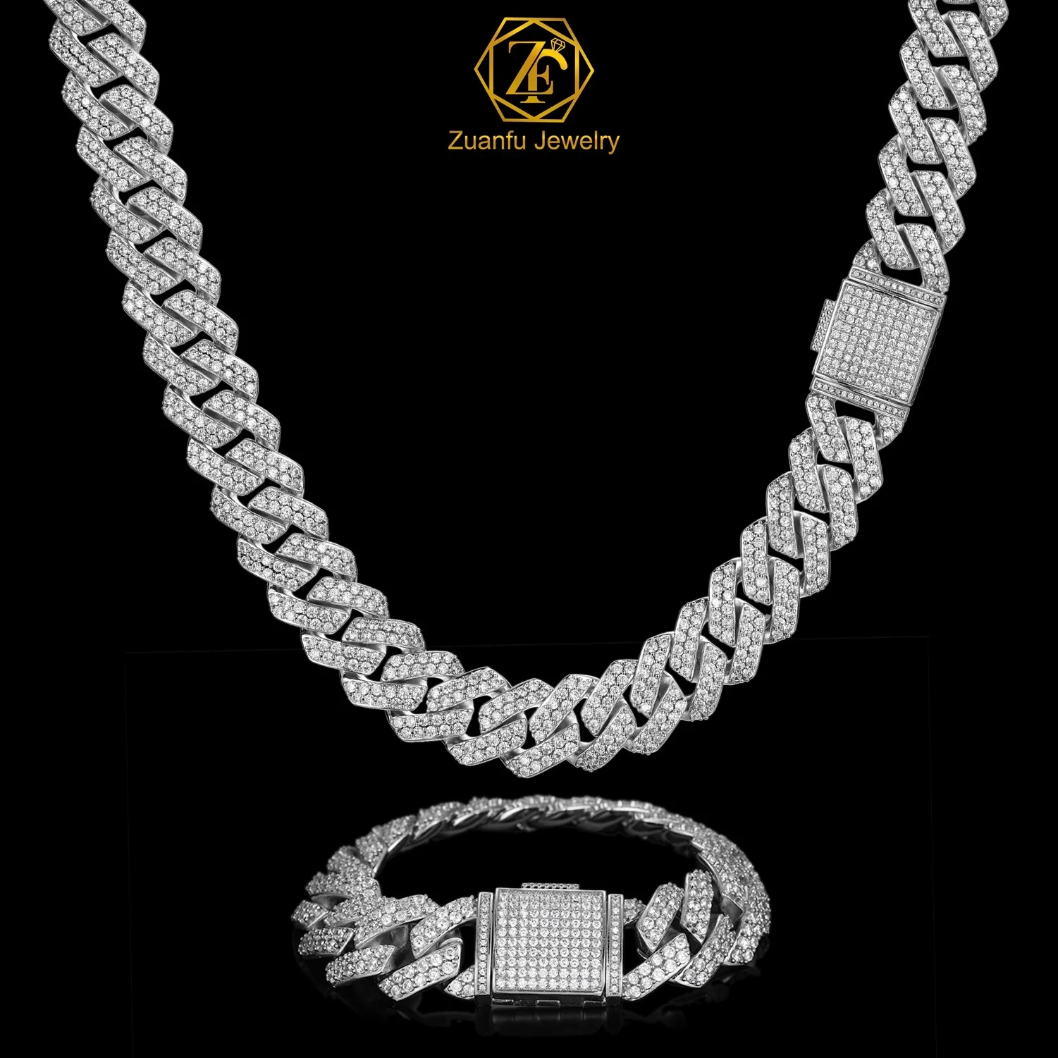 High Quality Big Size Mens Moissanite Cuban Link Chain 12mm 925 Sterling Silver Chain High Polished Cuban Necklace and Bracelet