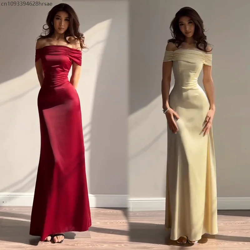 

Women Retro Off-the-shoulder Panel Design Back Bandage Skirt Luxury Slim Folds Long Dress Evening Party Prom Vestidos