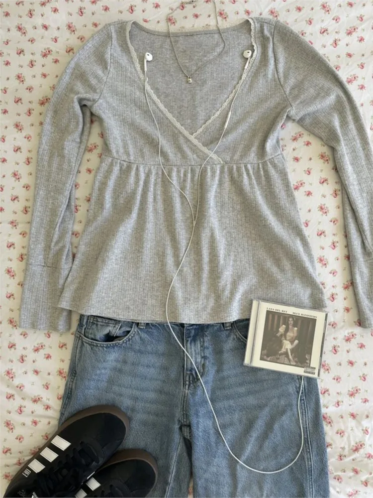 

Lace Trim V-neck Long Sleeve Tees Women Sexy Casual All-match Simple Slim Babydoll Top Sweet Cute Preppy Style T-shirts