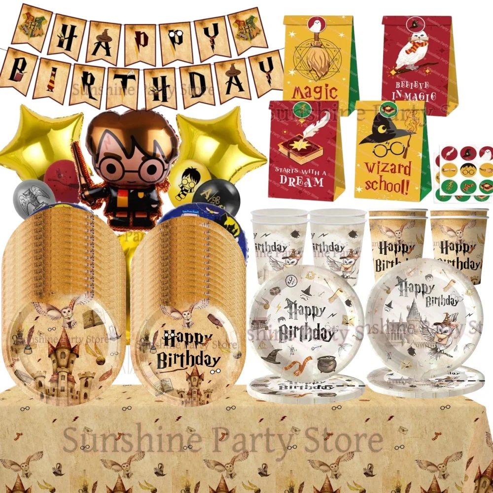 Decoraciones para Fiesta de Cumpleaños de la Academia Mágica de Dibujos Animados, Juego de Vajilla con Temática de Harry Potter, Plato, Servilleta, Vaso, Artículos para Fiestas Infantiles y Baby Shower