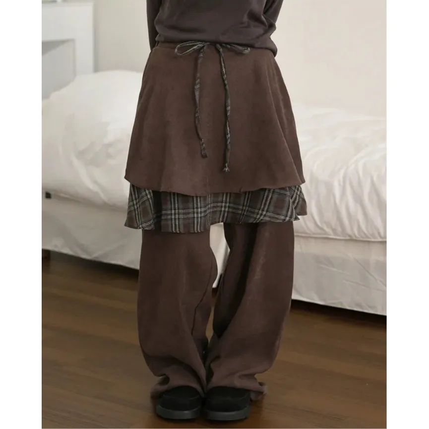 Retro Plaid Skirt Wide Leg Pants Loose Fit Fake Two-Piece Design Casual Trousers for Women Spring Summer Autumn Ladies
