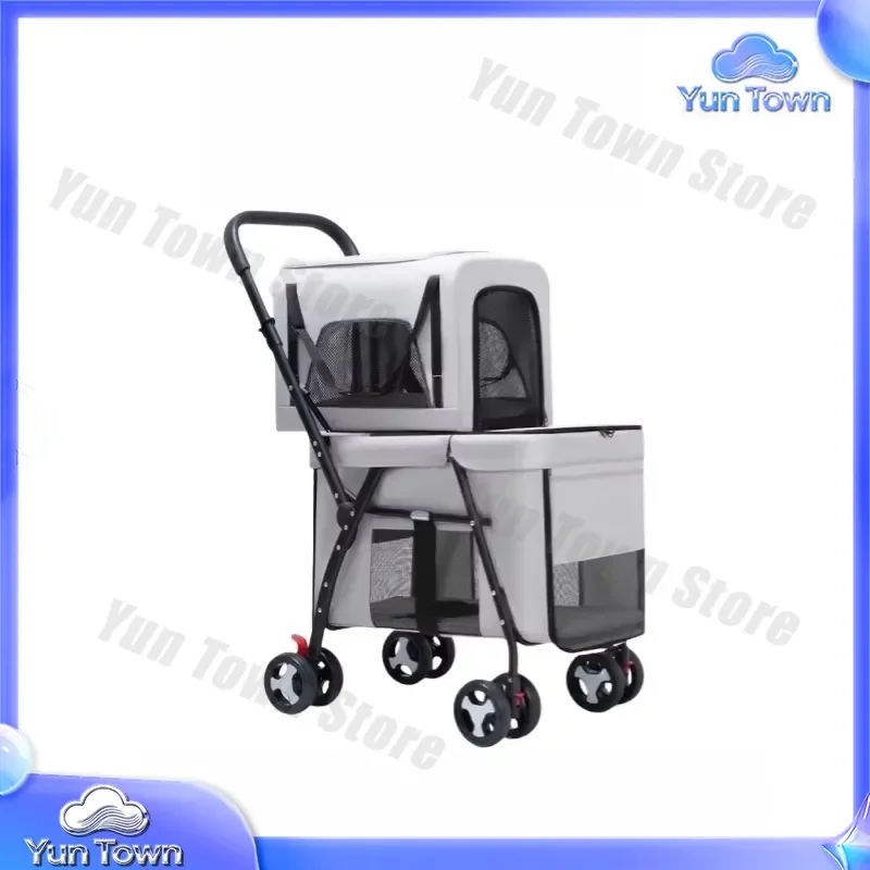 Double-layer Pet Cart for Small Dog Cat Trolley Lightweight Foldable Outdoor Travel Stroller Pet Carrier with Wheels for Dogs