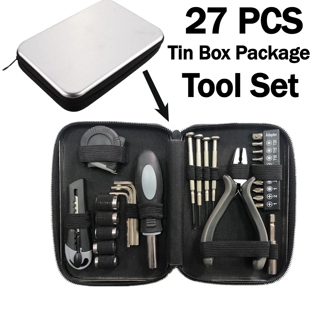 

27 шт. набор аппаратных инструментов в жестяной коробке, включая гнезда, отвертки, рулетка, ручка, шестигранный ключ, удлинитель
