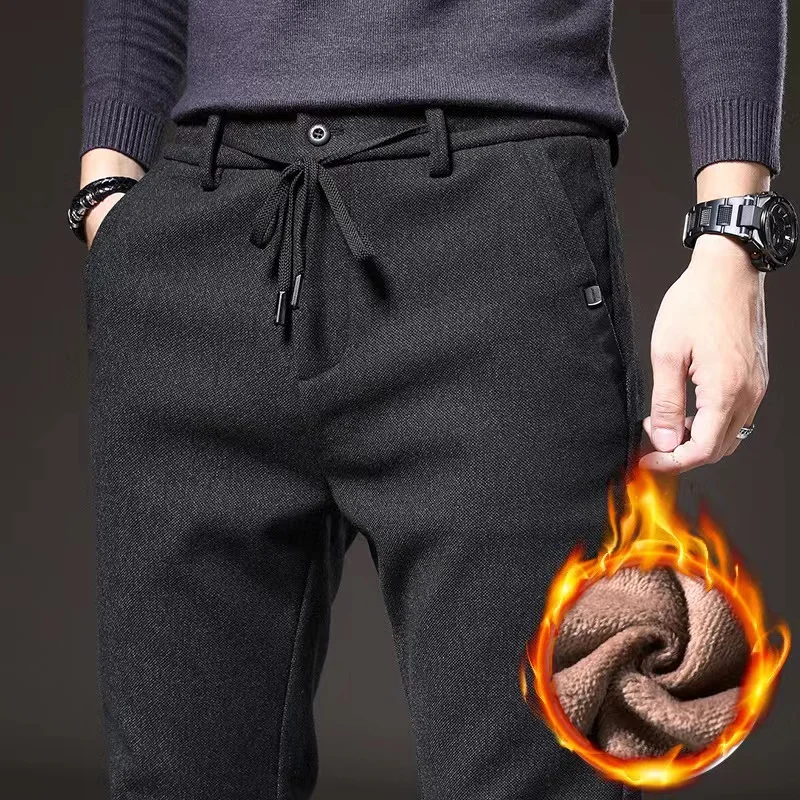 

Autumn Winter Men Thermal Office Pants Straight Narrow Leg Classic Casual Pants Drawstring Tie Up Design Thicken Fleece Trousers