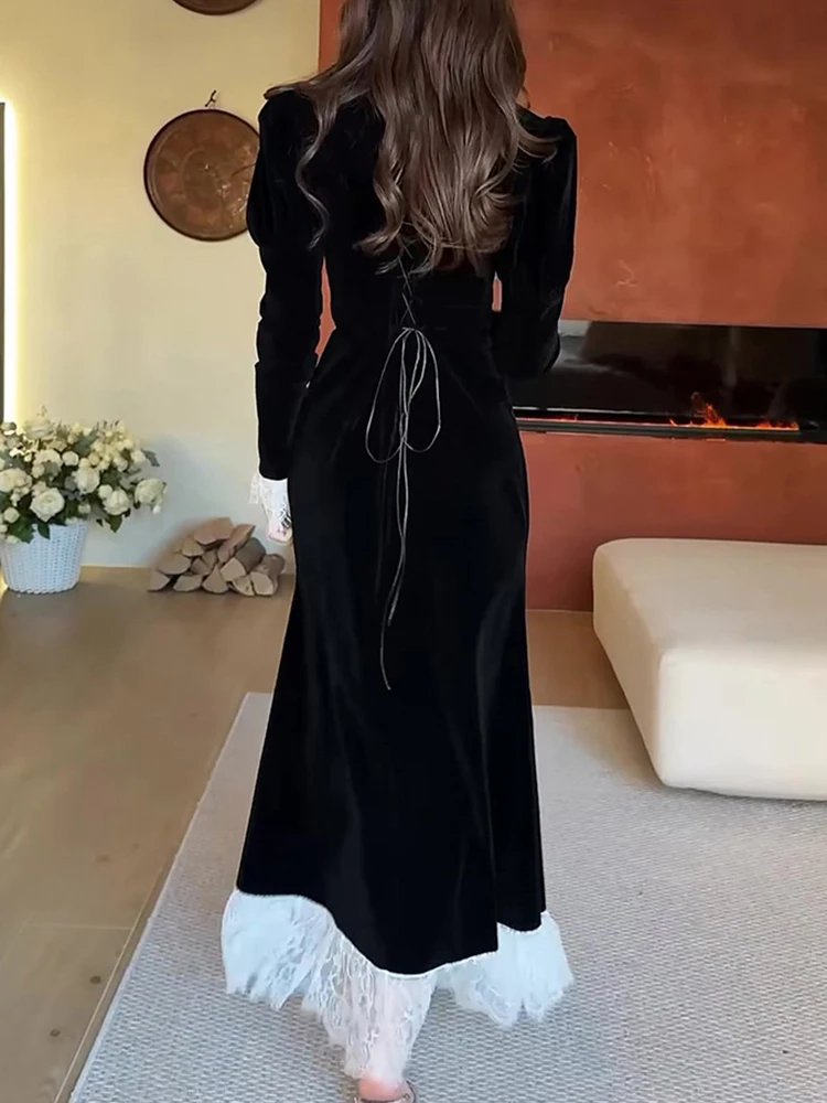 Elegantes, langärmliges Samtkleid mit hoher Taille, Herbst-Wickelhüften, Fischschwanzkleid, Temperament, Spitze, gespleißtes, farbblockiertes Abendkleid