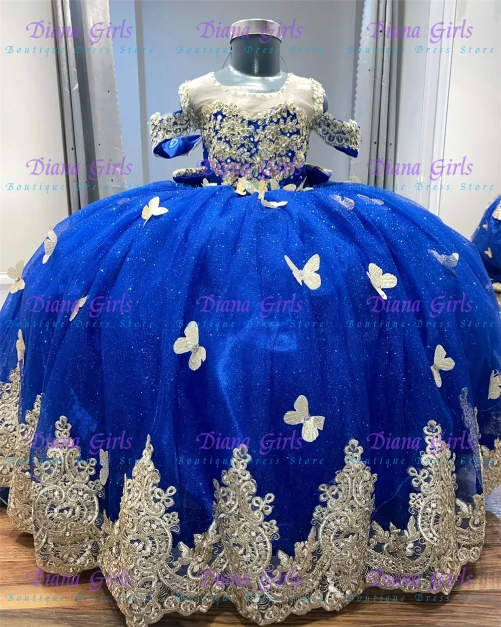 

Luxury Quality Royal Blue Flower Girl Dress Tulle Fluffy Gold Butterfly Appliqué For Little Princess Birthday Party Ball Gowns