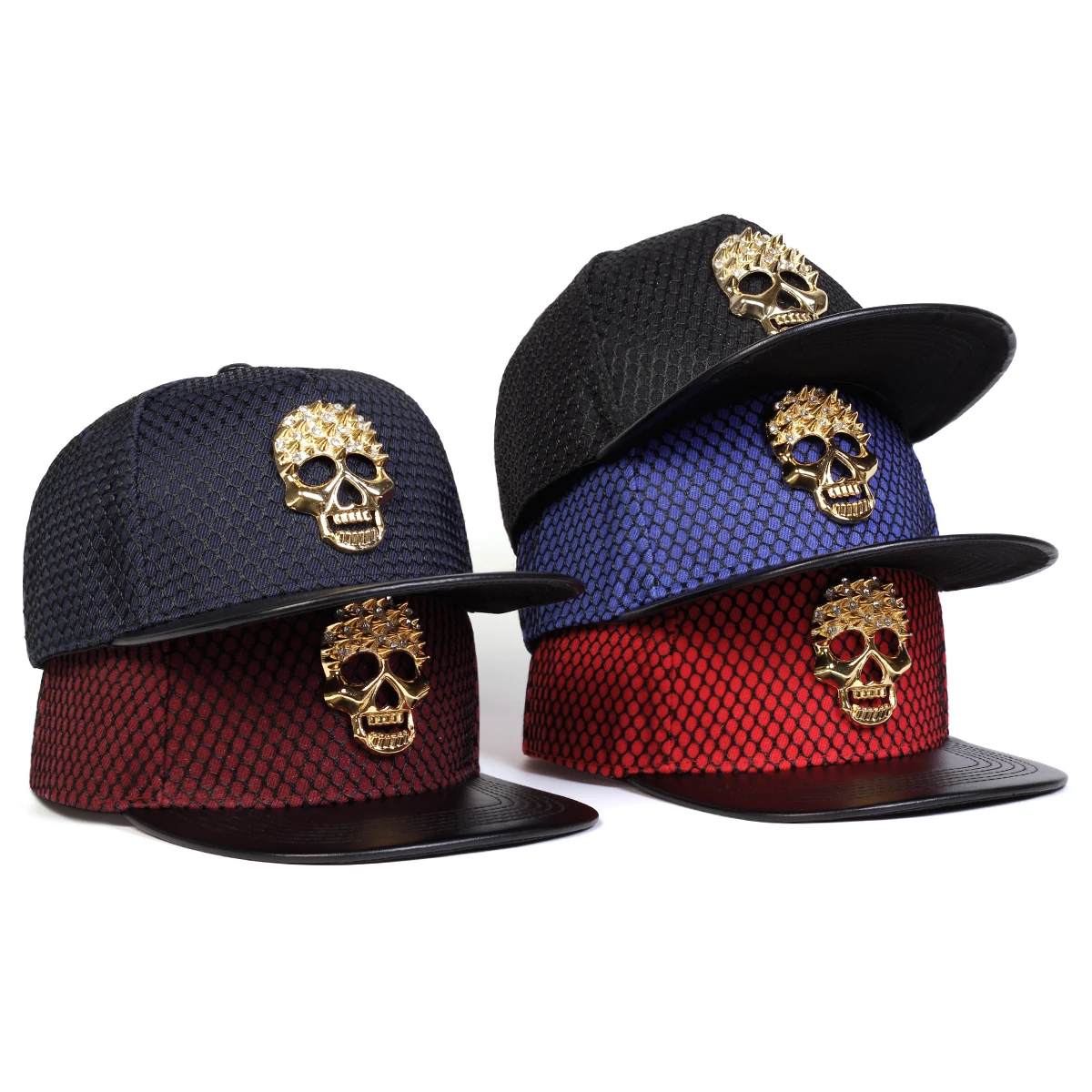 Cappello Hip Hop in rete con etichetta teschio in metallo Unisex cappellini da Baseball Casual regolabili all'aperto cappello con protezione solare