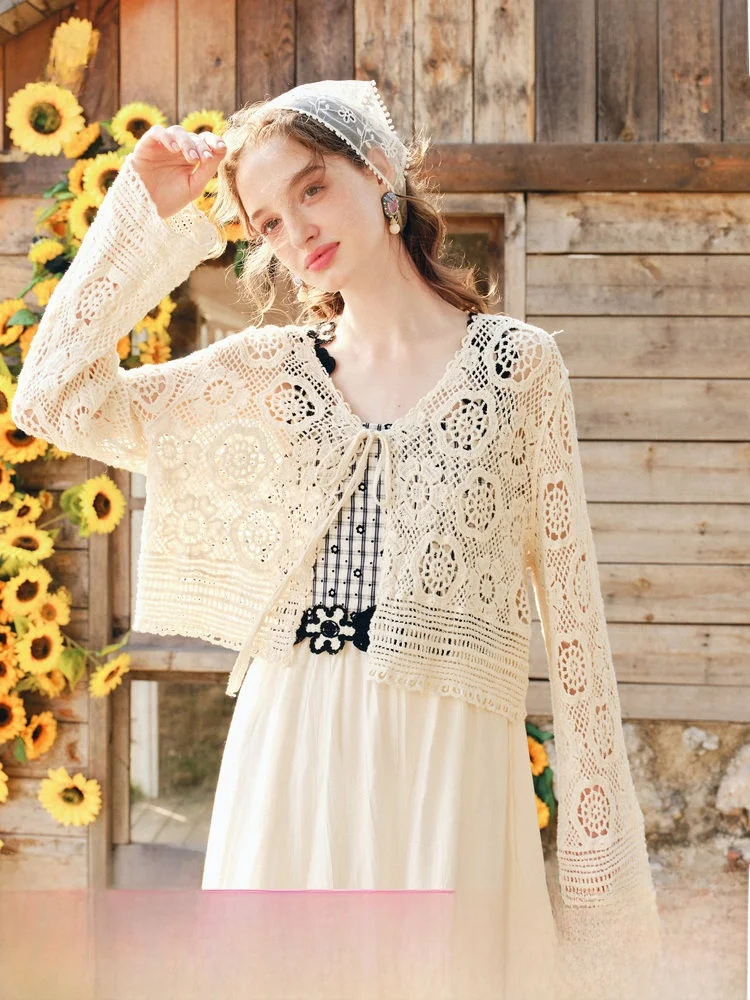 

Country Sle Knitted Open Cardigan Women's Loose Fit Cotton Long Sve V-Ne Hollow out Banded Design Spring 2026