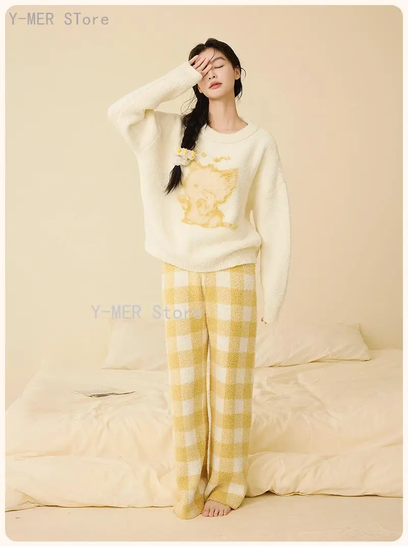 Round Neck Thick Fleece Lined Warm Soft Casual Homewear Sleepwear Suit Women Winter New Half Fleece Coral Fleece Pajama Set