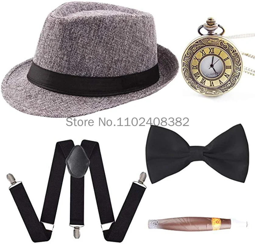 Drop Shipping 1920s Mens Gatsby Gangster Costume Accessories Set Panama Manhattan Fedora Suspenders Bow Tie Cigar