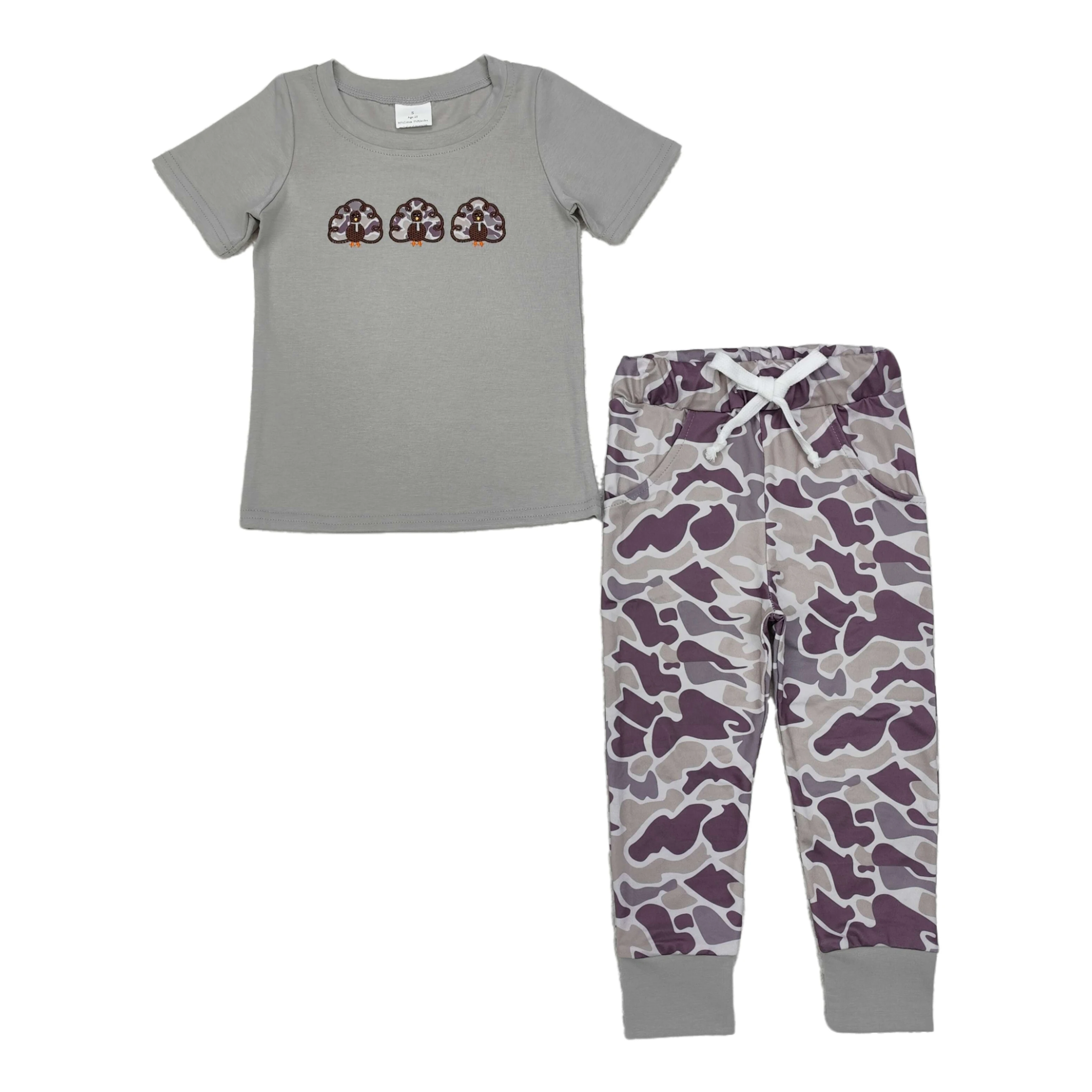 

Wholesale Baby Boy Toddler Outfit Short Sleeves Embroidery Turkey Cotton Shirt Children Kids Infant Camo Pants Two Pieces Set