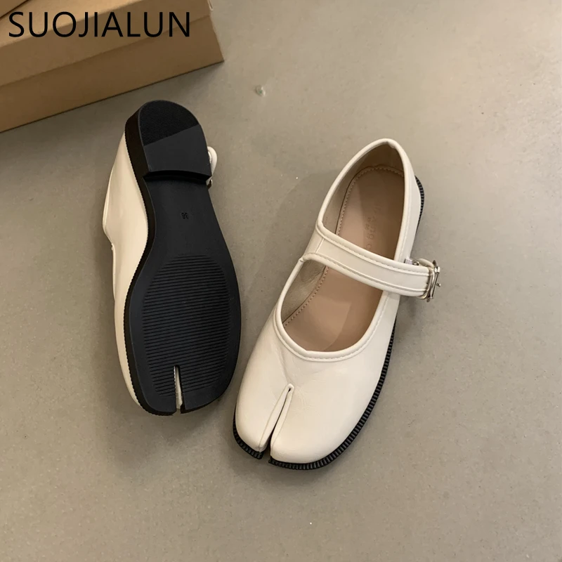 SUOJIALUN Autumn Women Flat Shoes Fashion Split Toe Flat Heel Laofer Shoes Shallow Soft Leather Casual Outdoor Mary Jane Shoes