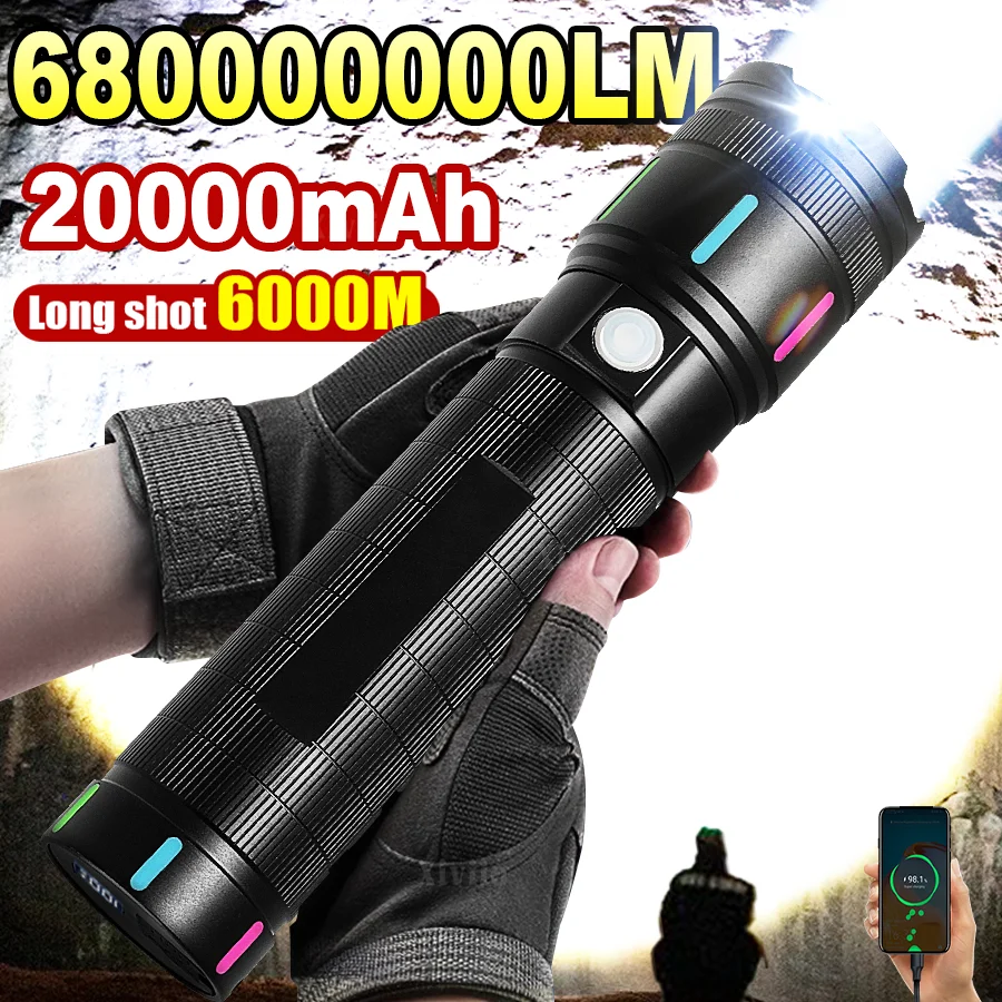68000000LM Super Powerful LED Flashlights 20000mah Built-in Battery Rechargeable Torch Zoom 6km Strong Light Tactical Flashlight