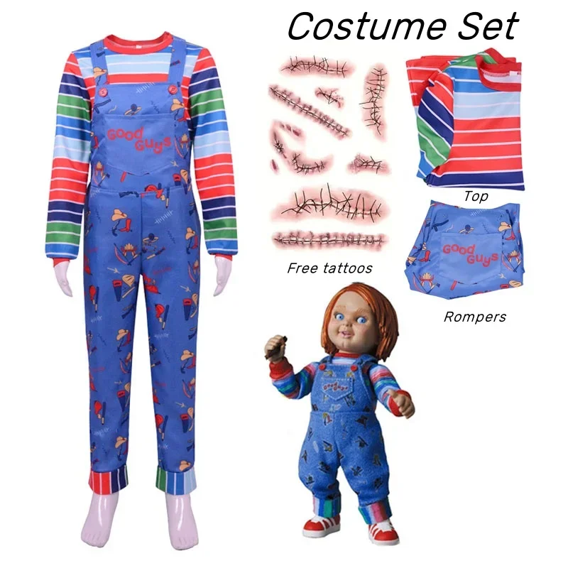 Chucky Women Halloween Costume Blue Cartoon Jumpsuit Overalls and Striped Shirt Play Horror Cosplay Costume