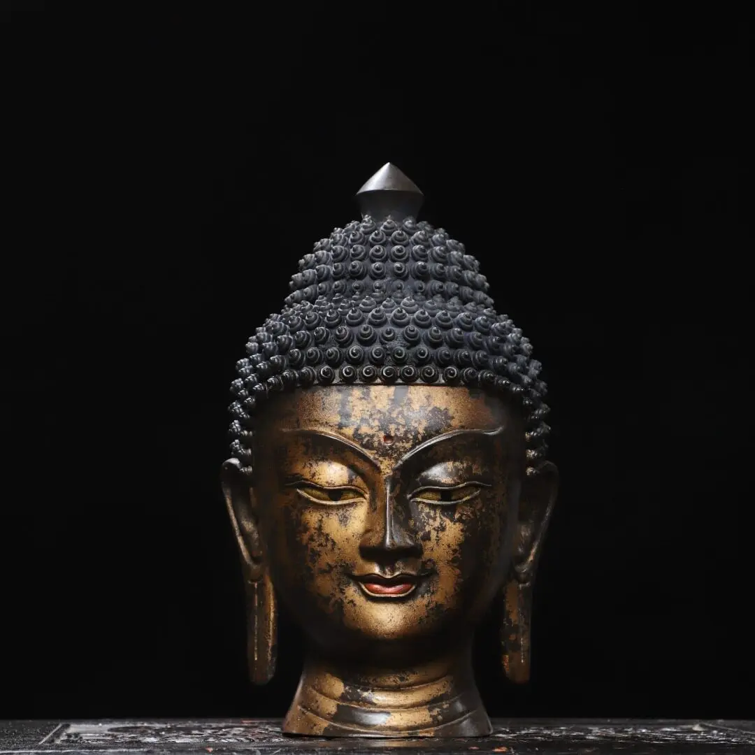 Handmade Antique Brass Shakyamuni Buddha Head Statue Home Altar Table Decor Ornament