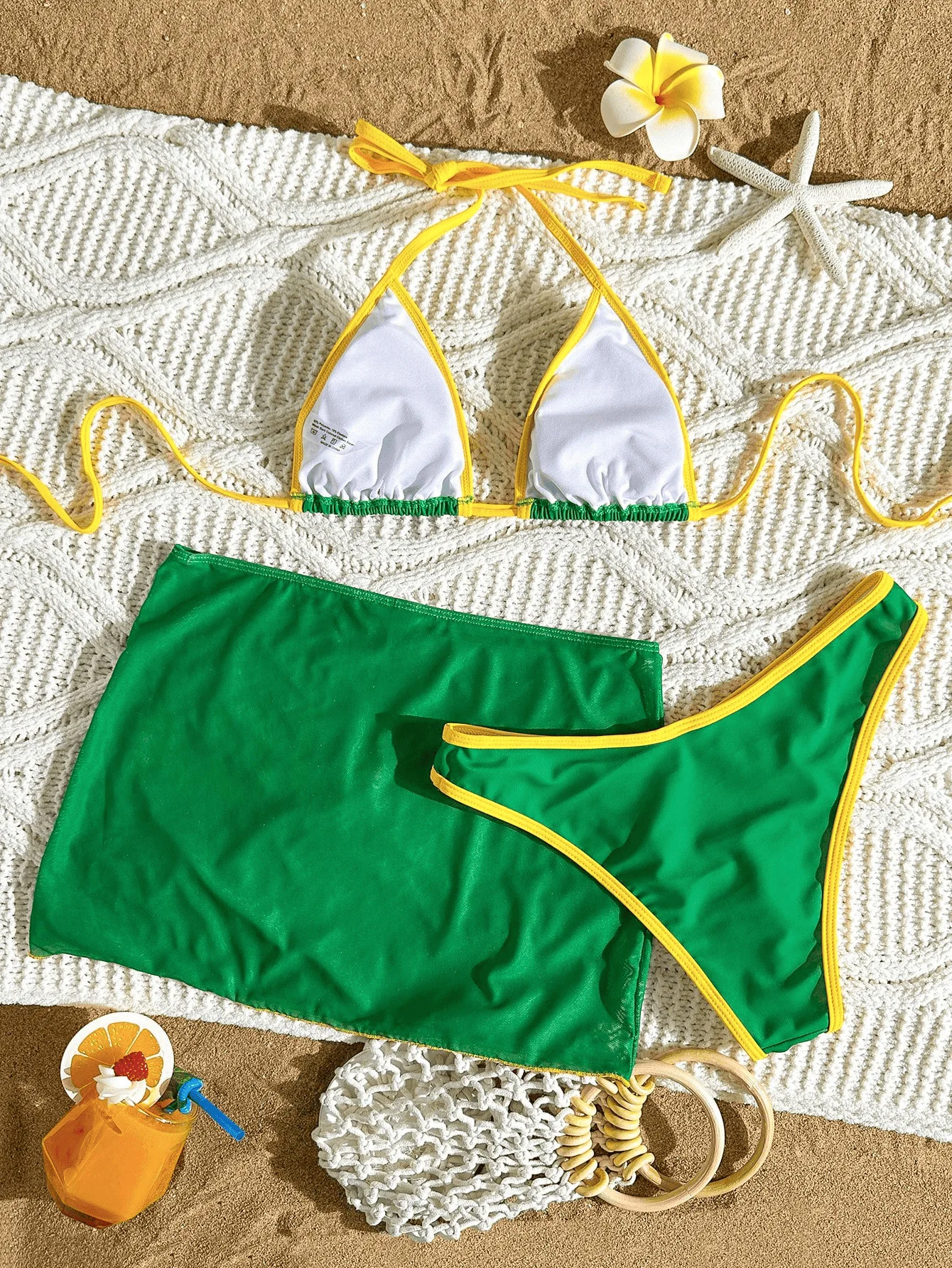 sexy yellow green patchwork letter print bikinis sets 3pcs with mesh perspective mini skirt swimwear bathing suit swimsuits