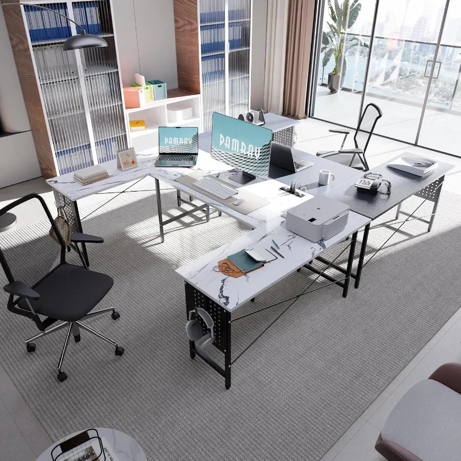 71 Inch Large UShaped Corner Computer Desk with Builtin Power Outlets for Home Office and Gaming Workspaces Modern Grey Design