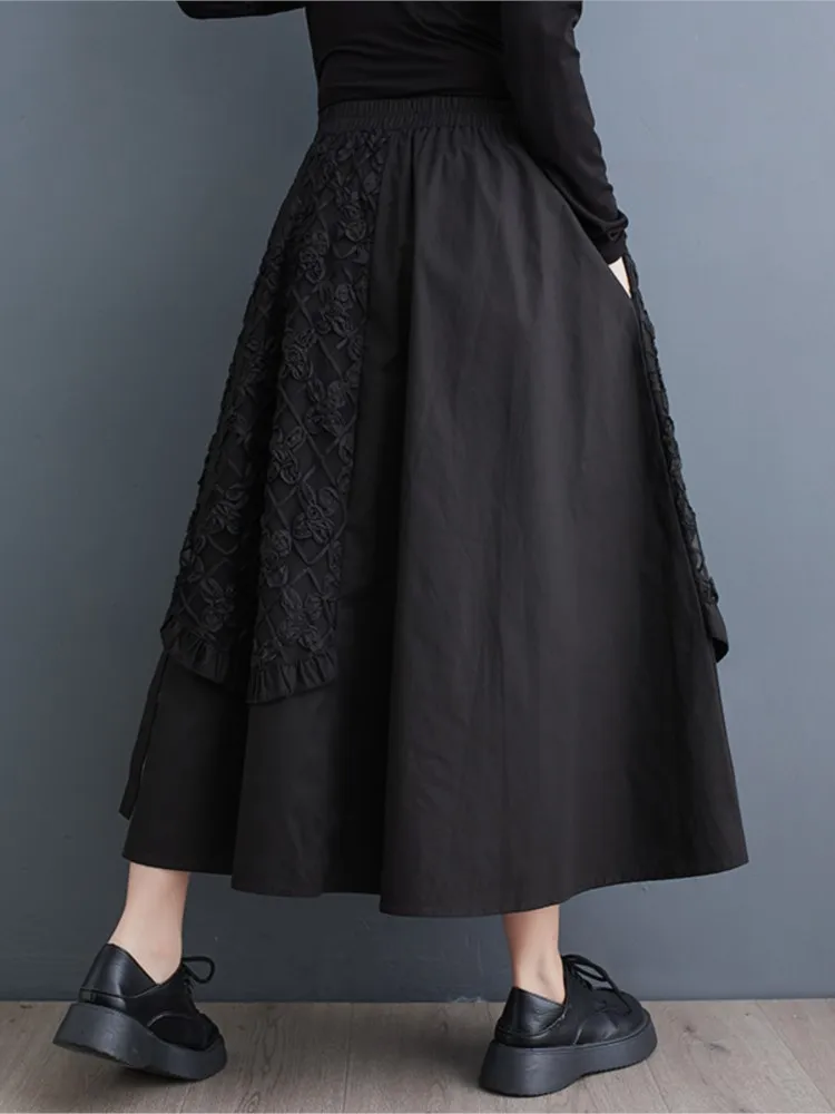 Długa spódnica damska na wiosnę, oversize, haftowana, patchworkowa, w stylu koreańskim, luźna, z wysokim stanem.