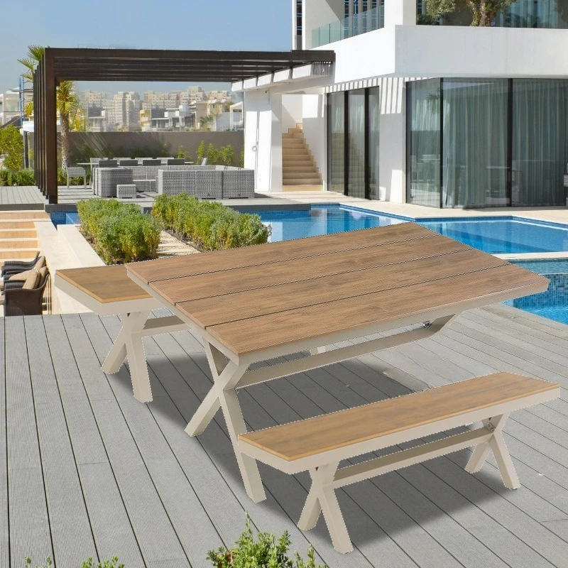 

balcony outdoor tables and chairs waterproof and sunscreen aluminum alloy frame plastic wood outdoor
