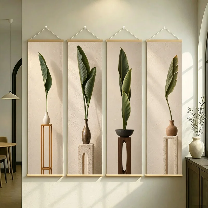 Tropical Leaf Wall Art 4-Panel Broad Upright Plant Vase Scroll Set on Beige Silver Shimmer Canvas for Modern Bedroom Decor