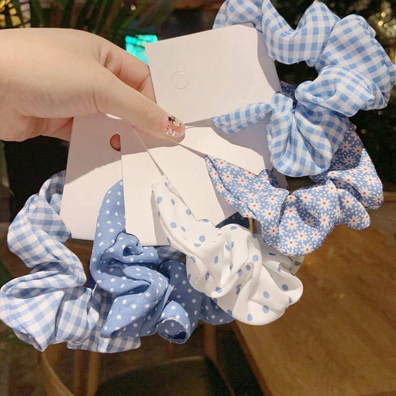 Korea Fashion Women Hair Scrunchie Elastic Hairbands Bule Plaid Ponytail Holder Dot Floral Printed Hair Ties Hair Accessories