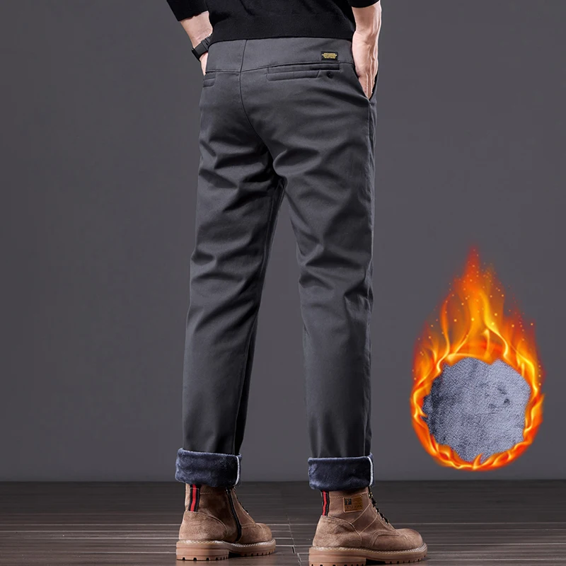 Size 28-38 Winter Warm Casual Pants Men\'s Straight Business Fleece Trousers Classic Brand Stretch Leisure Work Male Thick Pants