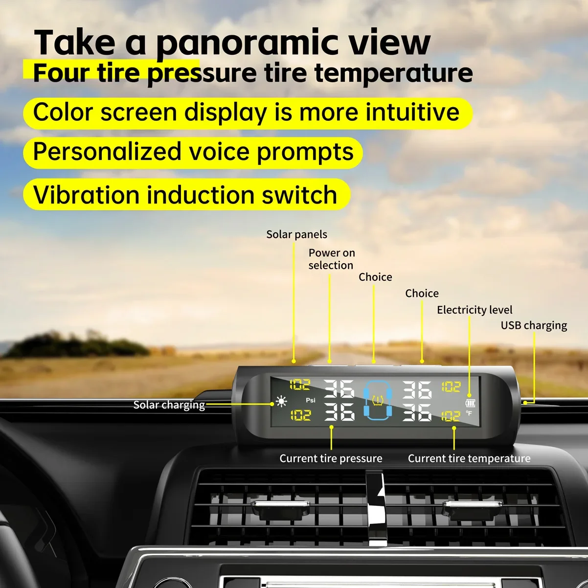 Wireless TPMS Tire Pressure Monitoring System - with 4 External Sensors, Nuts and Wrench, USB Charging/Solar Powered with Digital Display, Instant Tire Pressure and Temperature Alert Analysis, Easy Installation, Suitable for SUVs, MPVs, Pickup Trucks