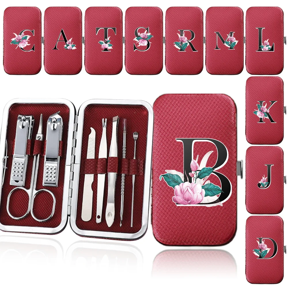 

8Pcs Portable Manicure Set Pedicure Kit Nail Clippers Organizer Peersonal Care Tool Eyebrow Scissors Whitemarble Letter Pattern