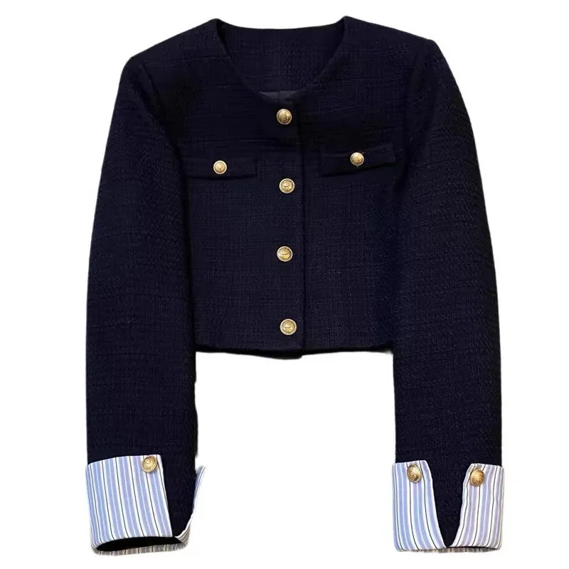 Navy Blue Gold Button Short Jacket Women's Autumn Winter New French   Striped patchwork O- neck Top Versatile Long Sleeved Coat