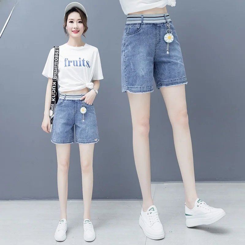 

Эластичные джинсовые брюки с высокой талией, женские свободные тонкие летние теплые брюки трапециевидной формы длиной четырех пять, хлопковые эластичные светлые брюки