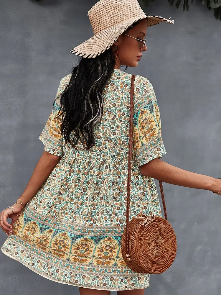 Floral Print Summer Short Dress Women V Neck Bohemian Short Sleeve Loose Dress Black Dress 2024