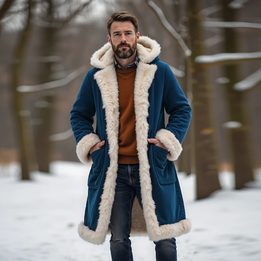 

Men Fleece Lined Trench Coat Simple Solid Comfy Hooded Long Warm Jackets Straight Loose Wind Proof Cardigan Coat with Pockets