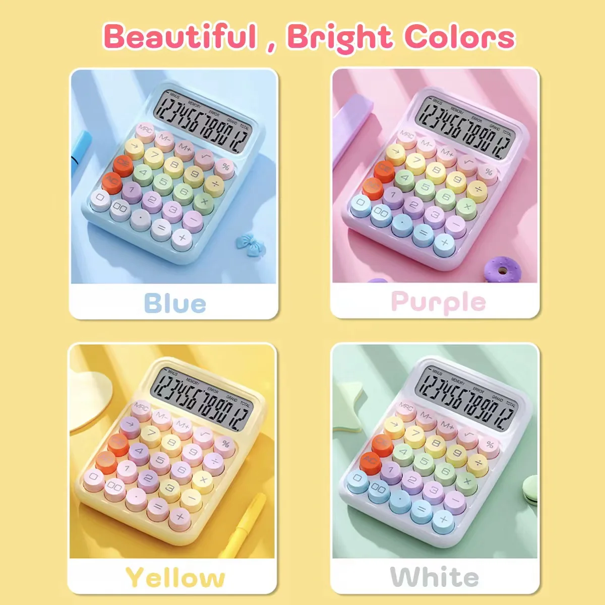 Calculadora de teclado mecânico bonito Candy Color, Papelaria Desktop, Escritório, 12 dígitos, 1pc