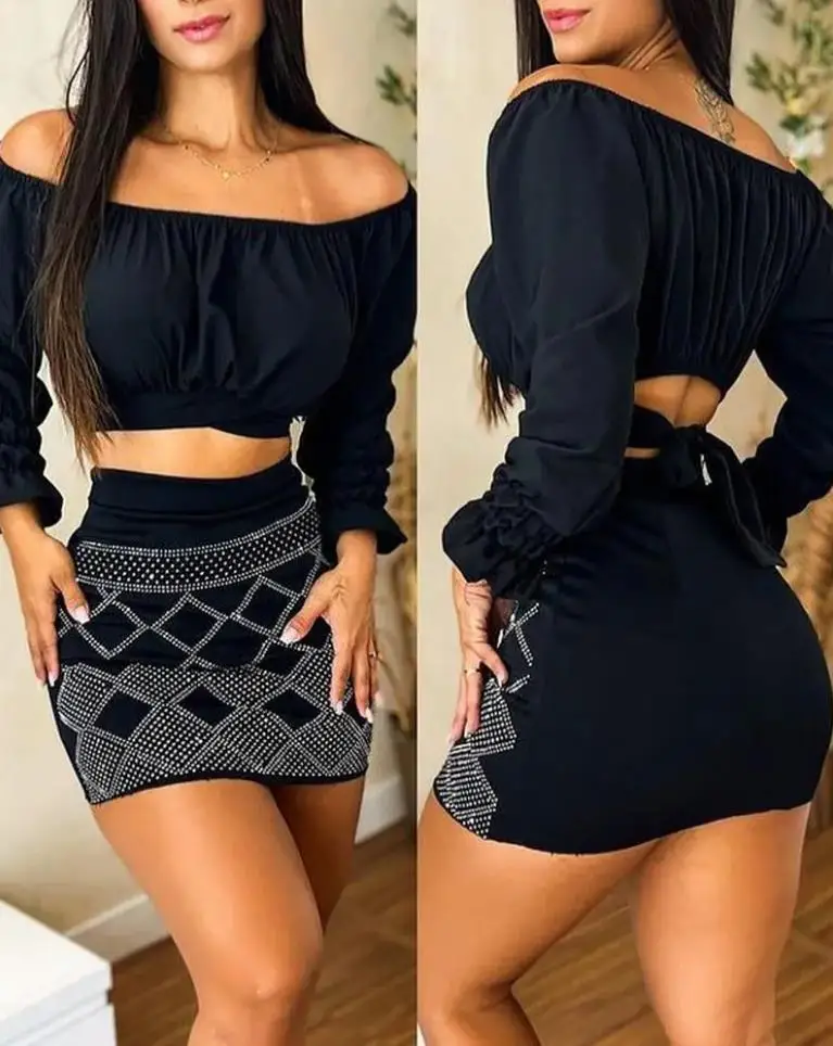 Elegant Two Piece Set for Woman Casual One Shoulder Crop Back Lace Up Long Sleeved Tops Rhinestone Decorative Women's Skirt Sets