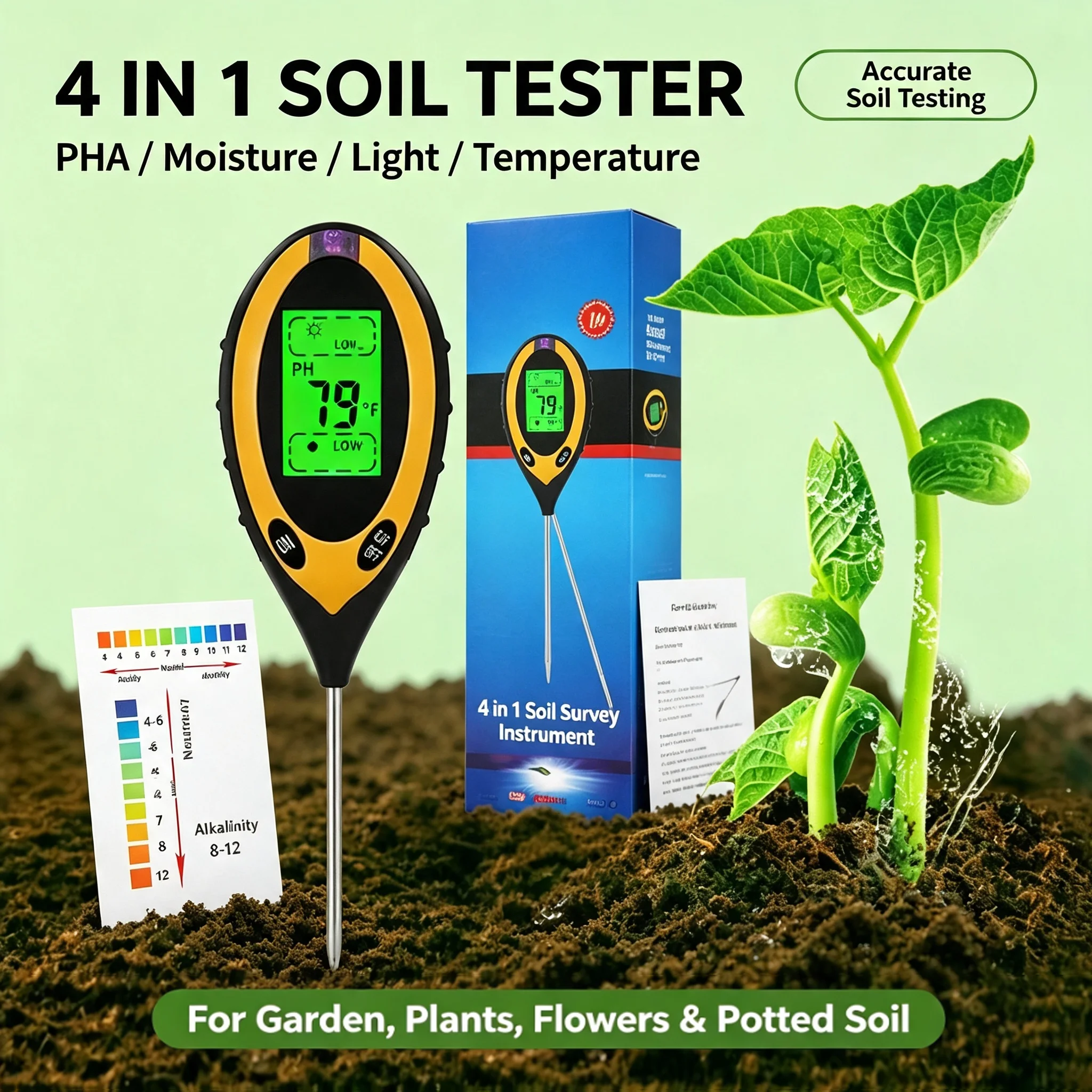 Soil Ph Meter - 4-в-1 измеритель pH почвы – тестер